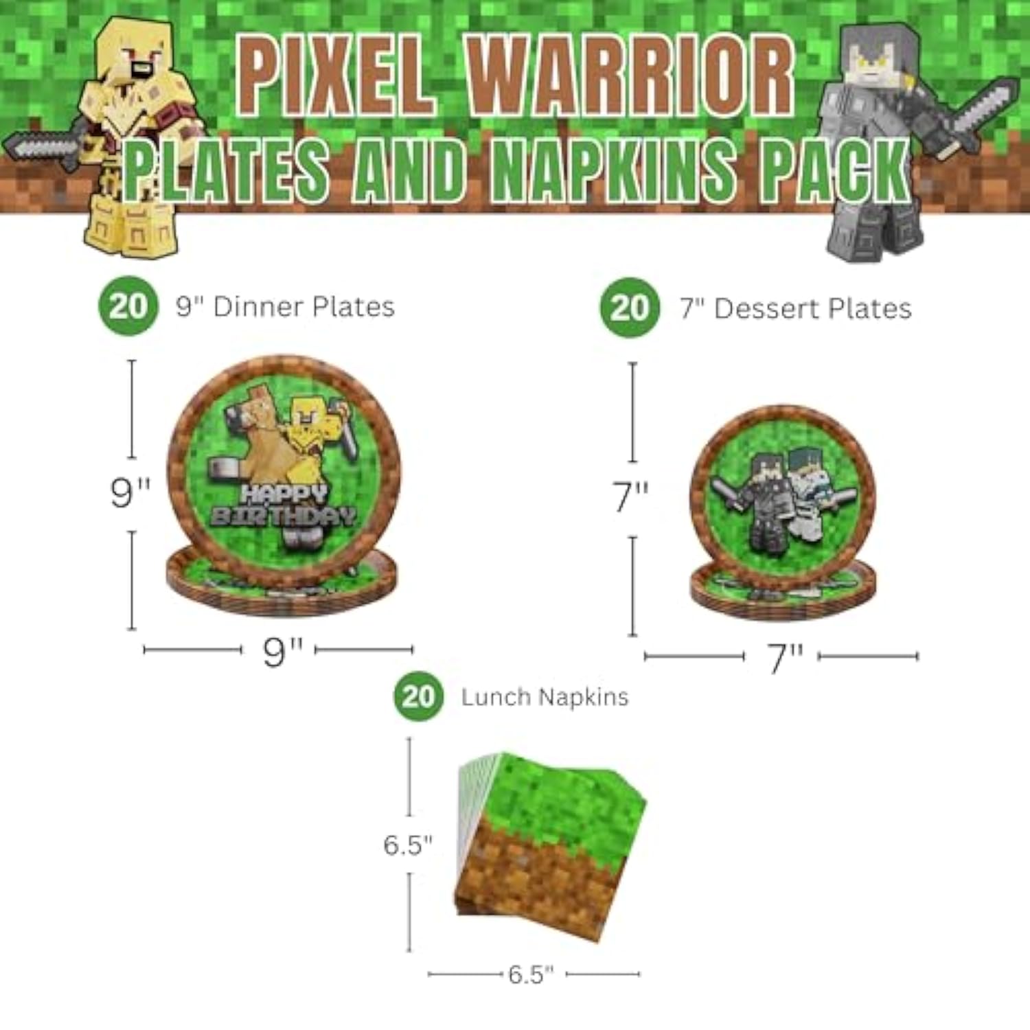Pixel Warrior Plates And Napkins (60 Pieces For 20 Guests) - Video Game Party Supplies, Mining Craft Party, Pixel Miner Decorations