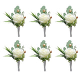 White Rose Boutonniere For Men Wedding Set Of 6,Artificial Wedding Flower Boutonnieres With Pins For Groom And Best Man Wedding Anniversary Celebration,Prom,Party,Home Decoration (6)