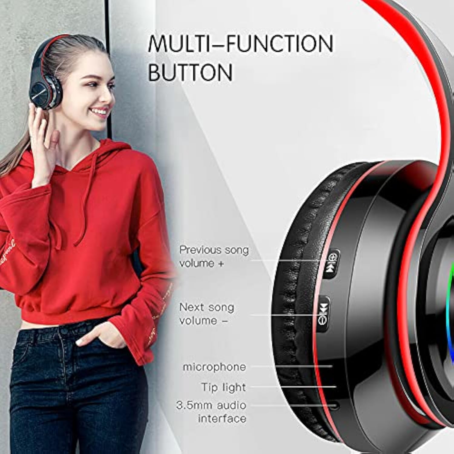 Bluetooth Over Ear Headphones, Foldable Led Stereo Headphones With Built-In Mi
