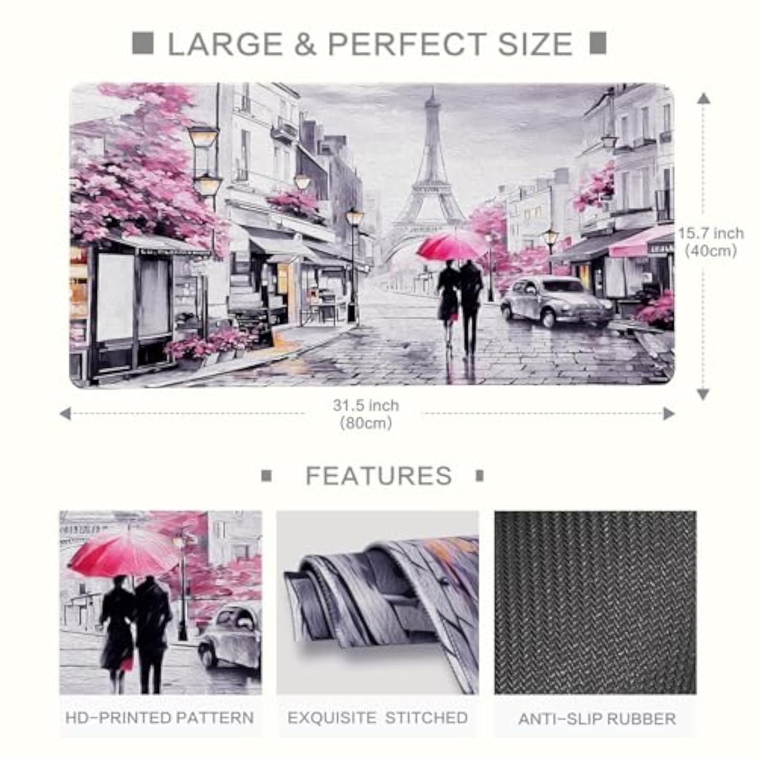 Paris Eiffel Tower Desk Pad Mat, Romantic Vintage Gray Pink Large Desk Mat For Girls Women, Laptop Desk Mouse Pad For Office Work/Home/Decor, Pink, 31.5" X 15.7