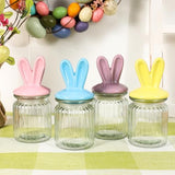 Easter Decorations- 4 Pcs Glass Jars With Ceramic Bunny Ear Lid-Easter Glass Storage For Chocolate Candy Sweets Gift Mini Eggs Table Decoration