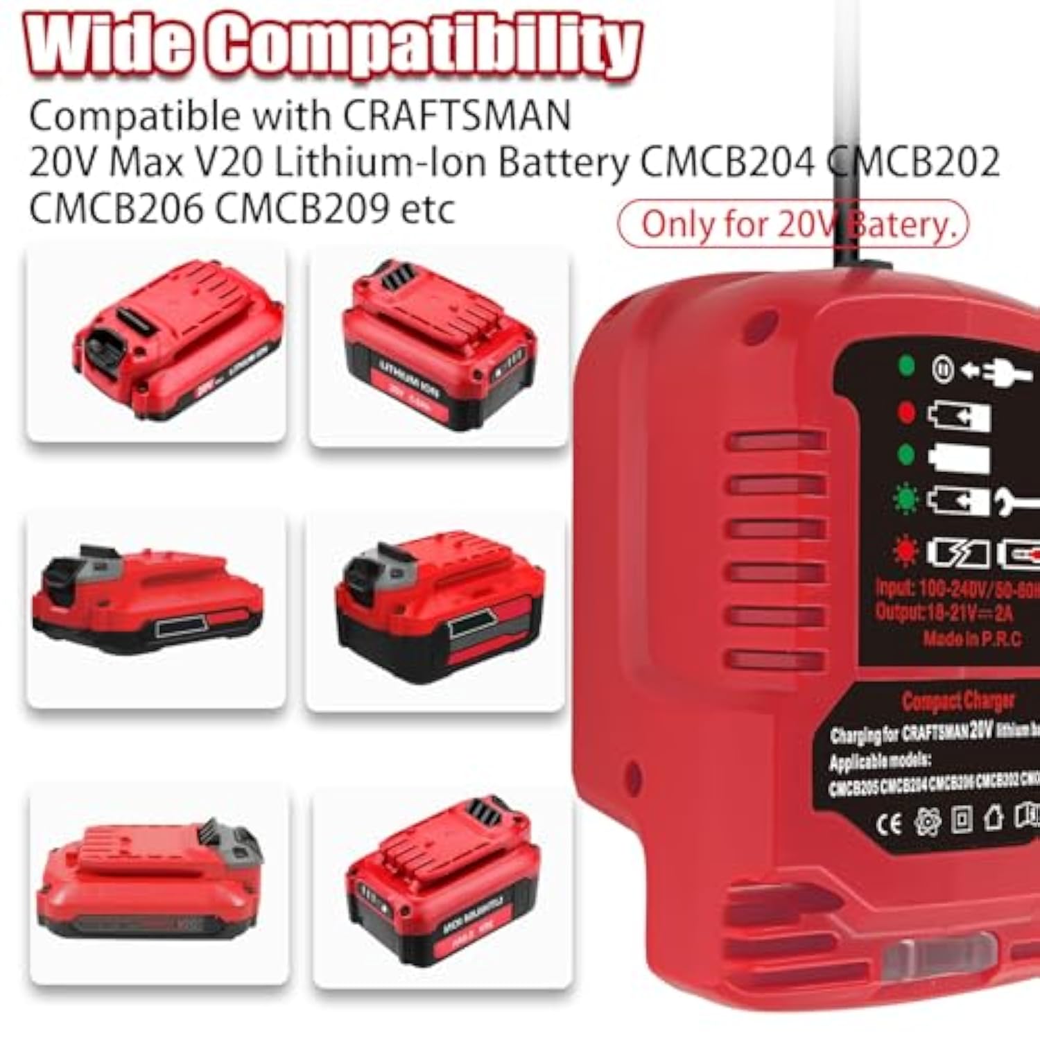 Cmcb104 V20 Battery Fast Charger Replacement For All Craftsman 20V Max V20 Lithium-Ion Battery Charger Cmcb124 Cmcb100 Cmcb101 For Craftsman V20 Lithium Battery Cmcb204 Cmcb202 Cmcb201