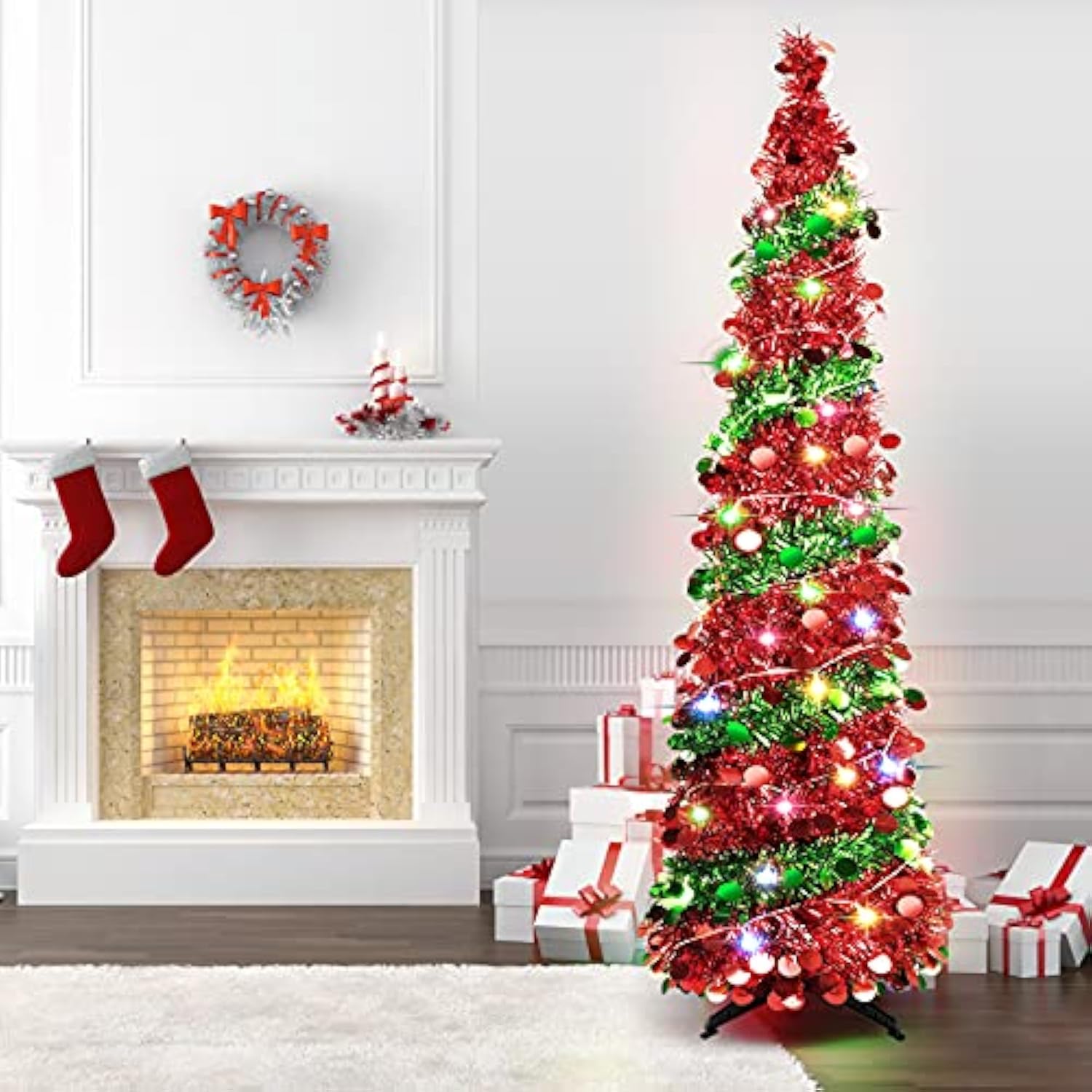 5 Ft Collapsible Sequin Pop Up Christmas Tree With 90 Led Lights, Skinny Pencil Tinsel Xmas Tree With Stand For Apartments