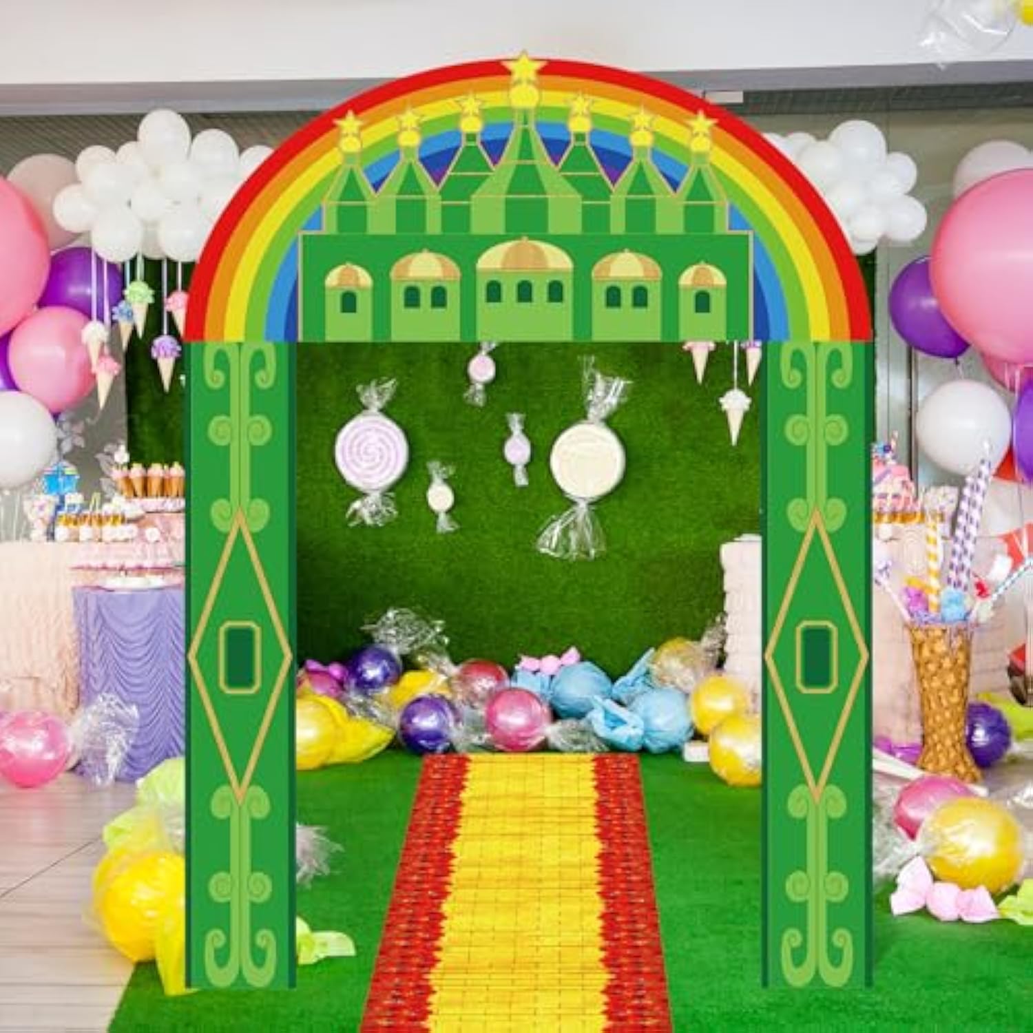 4-piece emerald green castle banner with yellow brick runner for party decor