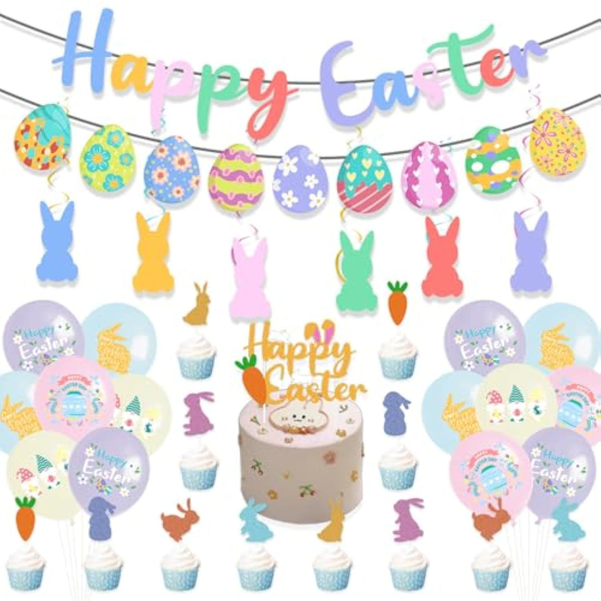 Easter Party Decorations, Happy Easter Banner Set Egg Bunny Hanging Swirl Cake Toppers Easter Party Supplies