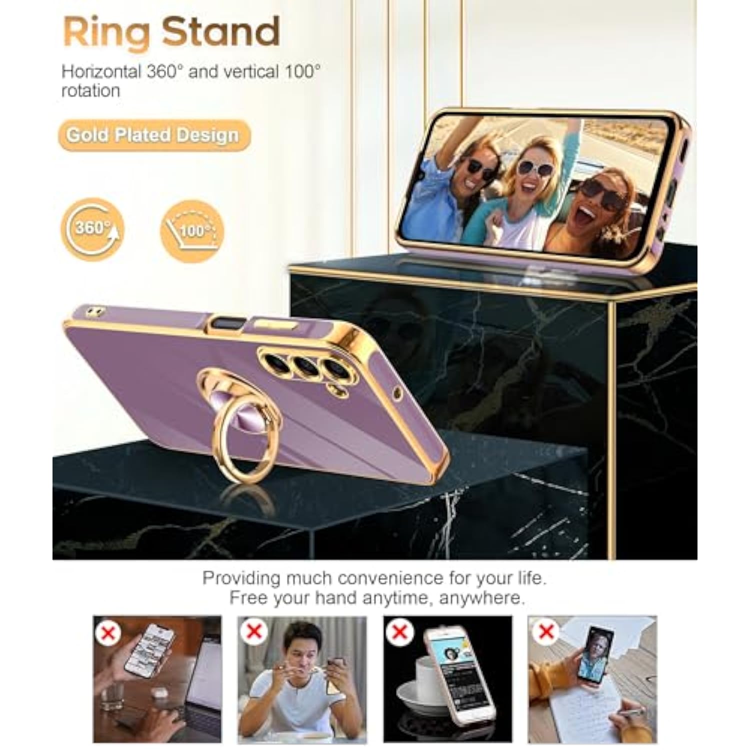 For Galaxy A15-5G Phone Case: With Tempered Glass Screen Protector [2 Pack] 360° Rotatable Ring Holder Magnetic Kickstand, Plating Rose Gold Edge For Samsung A 15 5G Case, Purple