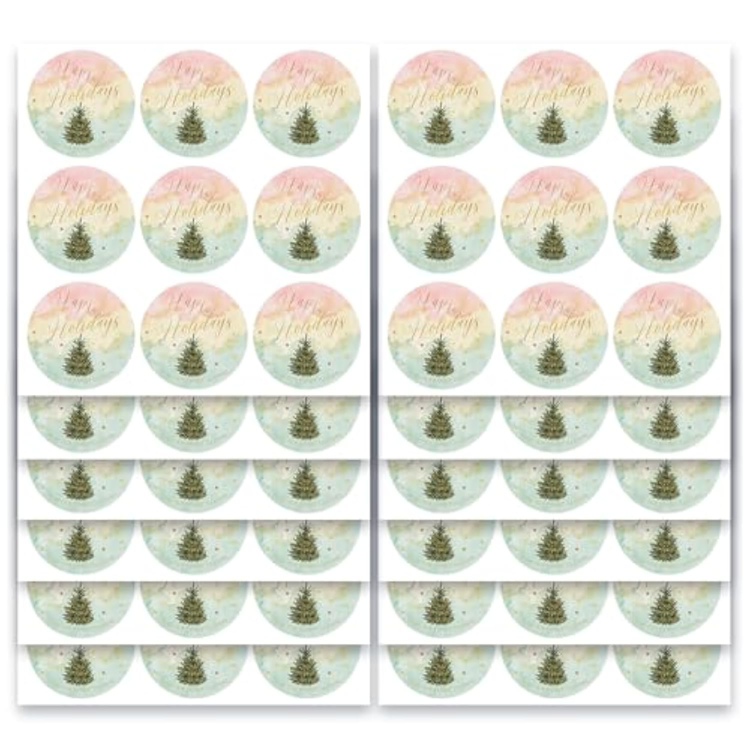 Watercolor Happy Holidays Stickers | Envelope Seals | 1.4 Inch | 135-Pack | Waterproof | Gold Foil | Pink Yellow And Green Watercolor Christmas Stickers Christmas Tree And Stars