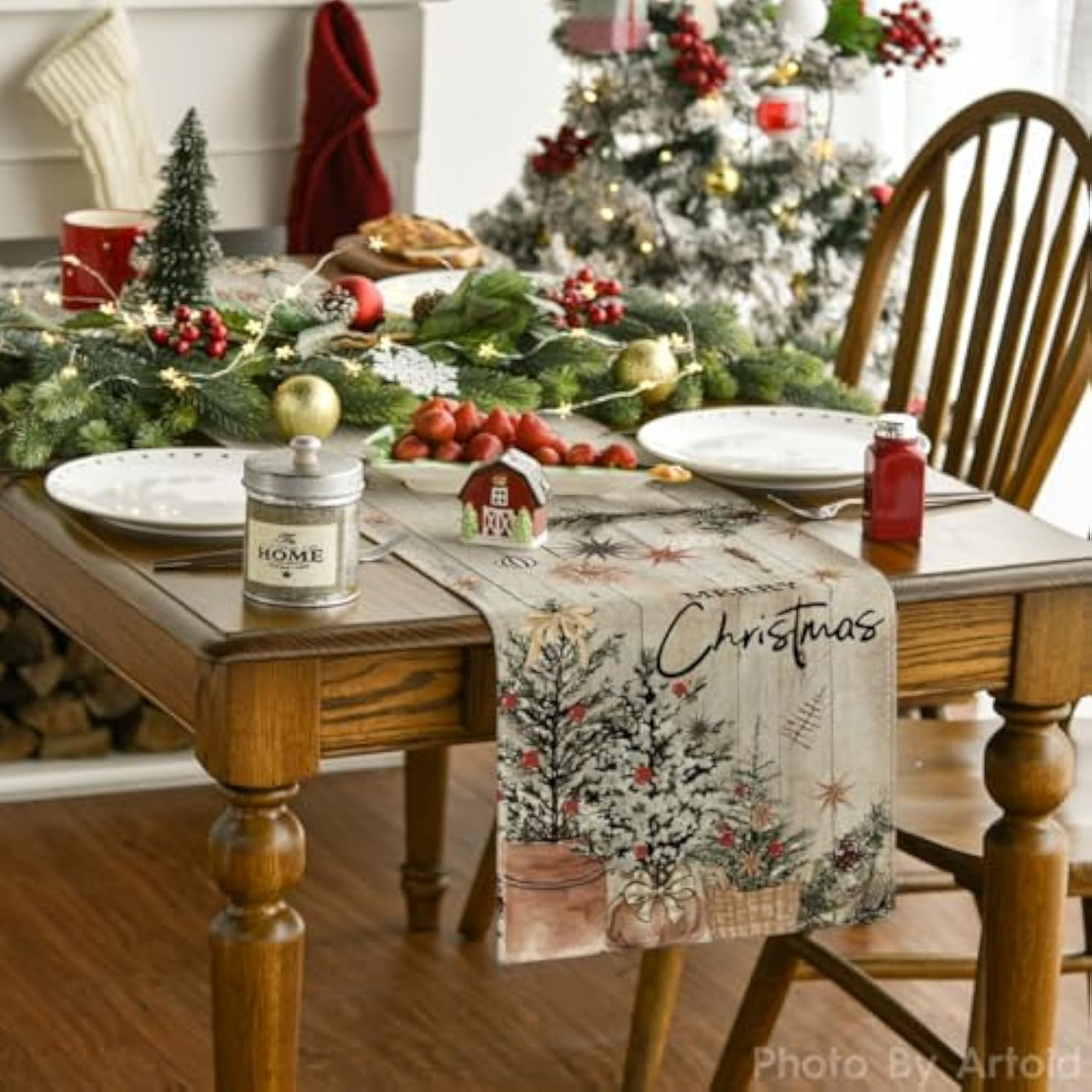Xmas Trees Holly Pine Cone Christmas Table Runner, Seasonal Winter Wood Kitchen Dining Table Decoration For Home Party Decor 13X72 Inch