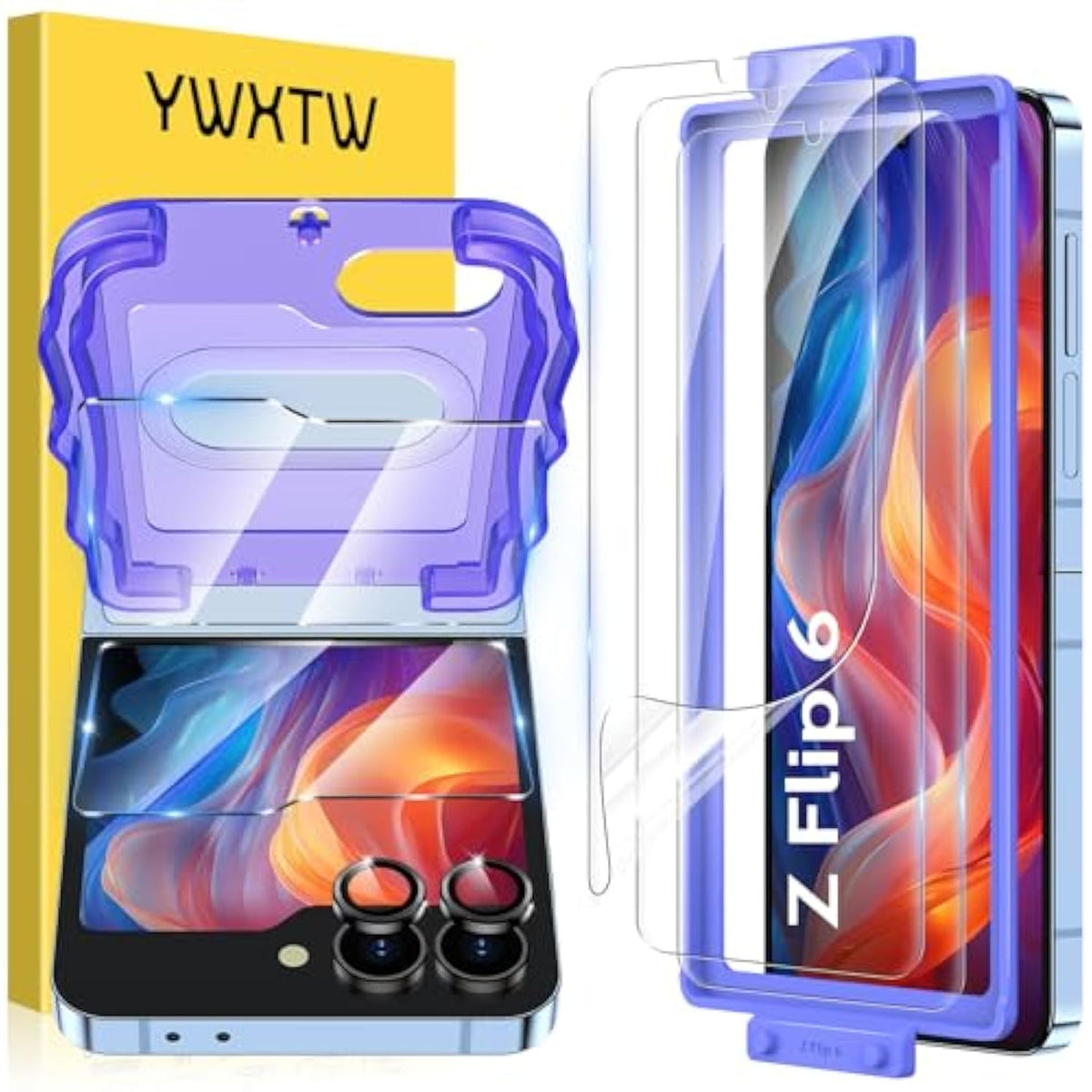Ez Alignment For Samsung Galaxy Z Flip 6 Screen Protector, [Strengthen Crease Test] 3Pcs Inner Soft Epu Film+2Pcs Front Display Tempered Glass+1 Set Camera Lens Protector, Anti Scratch