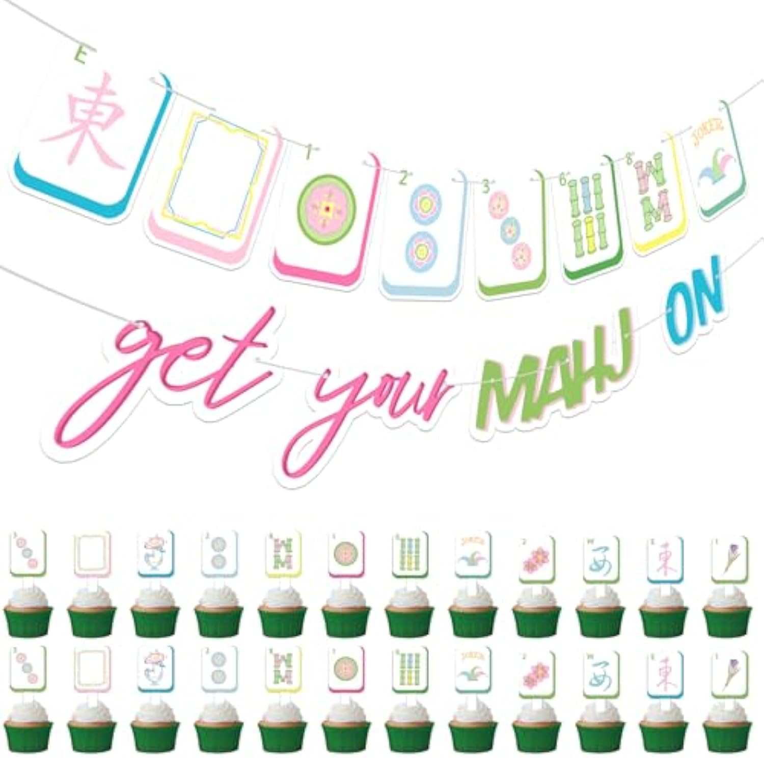 Mahjong-Themed Party Decoration Set, Mahjong Party Banner And 24 Pcs Cupcake Toppers For Birthdays And Celebrations