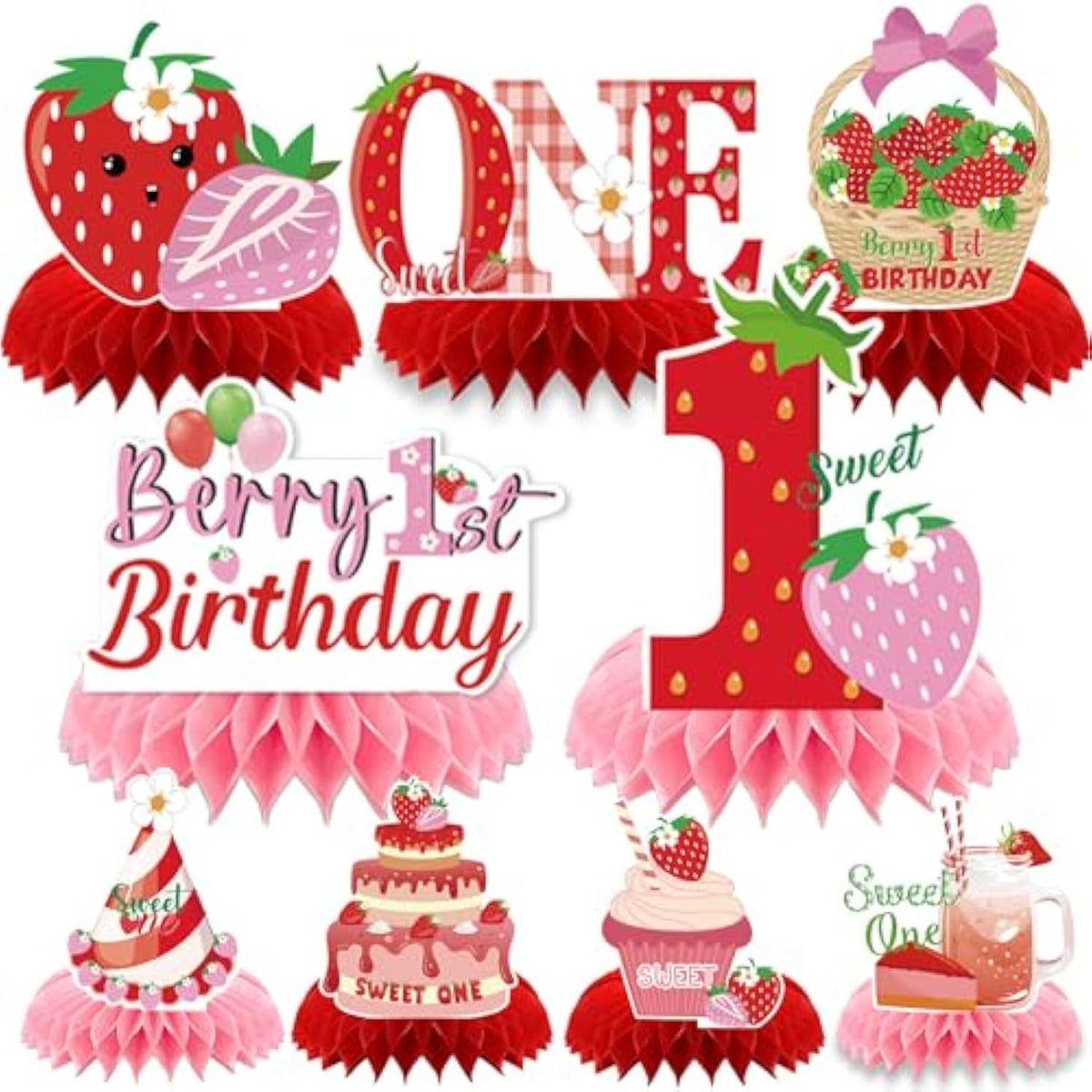 Berry First Birthday Decor - 9Pcs Sweet One Birthday Party Decorations Cute Strawberry 1St Birthday Decorations Berry First Birthday Party Table Centerpiece Decor Supplies Baby Girls