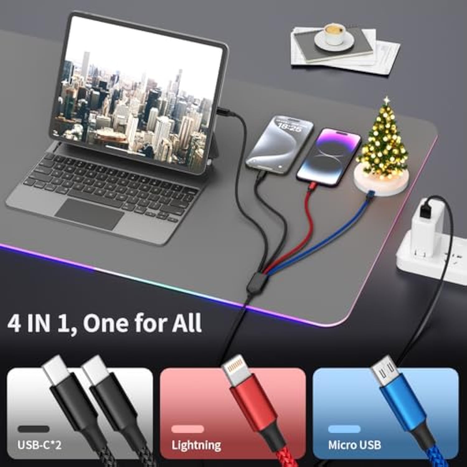 Dual Type-C 4 In 1 Charging Cable 5Ft 2Pack, Multi Charging Cable For Multiple Devices, Tinned Copper Universal Usb Cord With Ip/Micro/Dual Usb-C Port For Iphone16/15/14, Android Tablet Pad, More