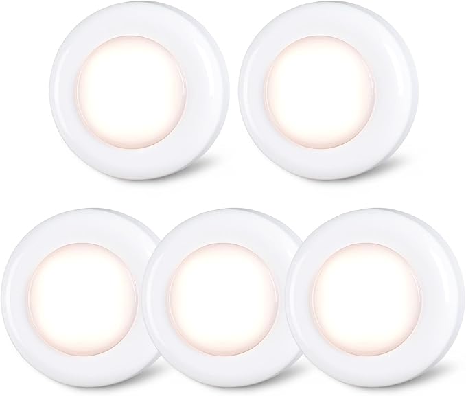 5 Pack Mini Push Tap LED Puck Lights Warm White Battery Operated Stick On Cabinet Lights