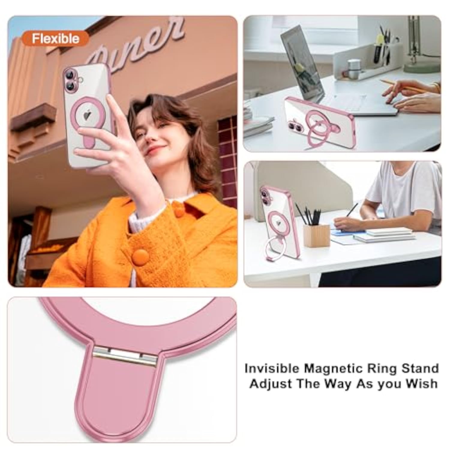 Clear Phone Case for iPhone 16 with Stand 6.1 Inch, Pink