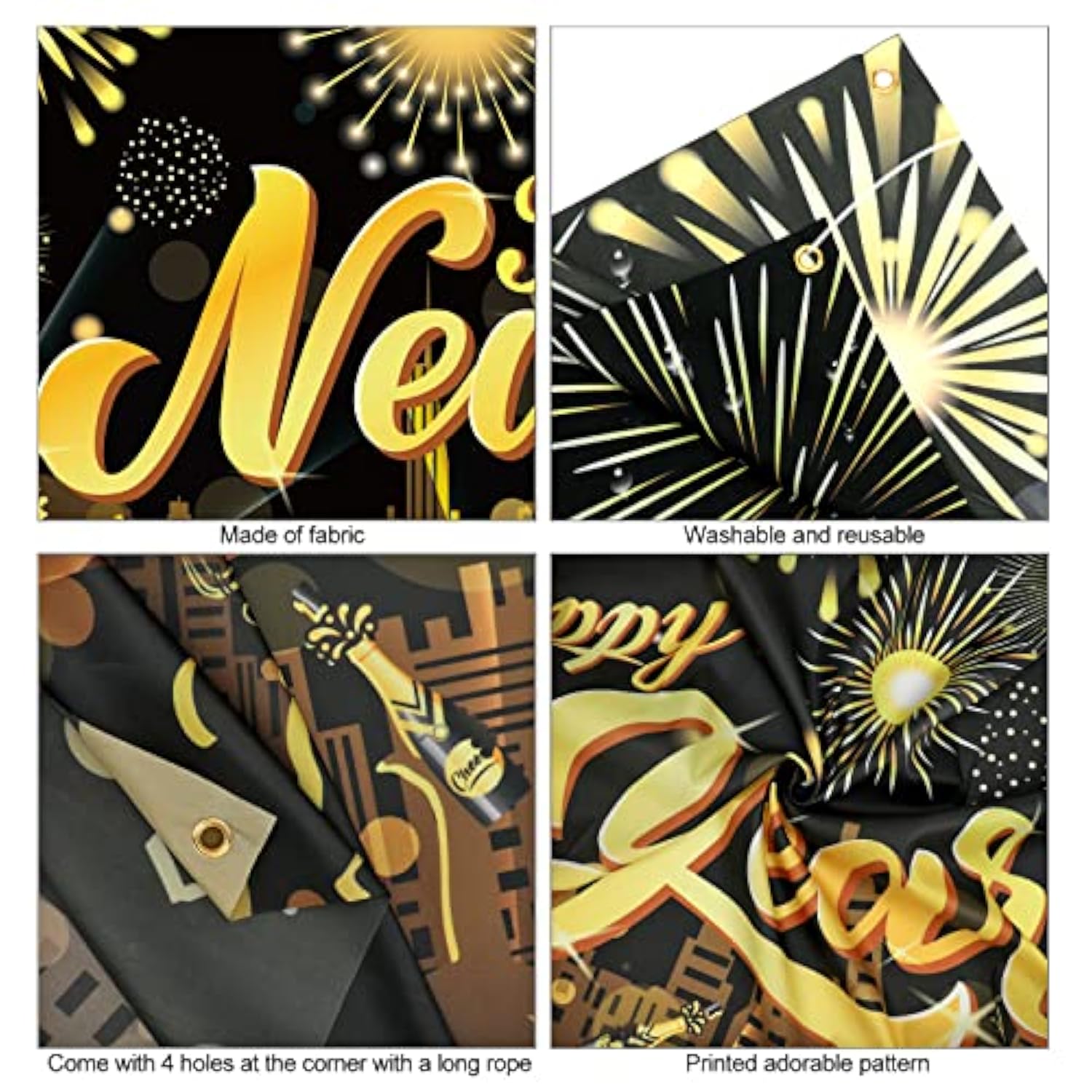 Extra Large Black Gold Happy New Year 2026 Banner Photo Backdrop Decor