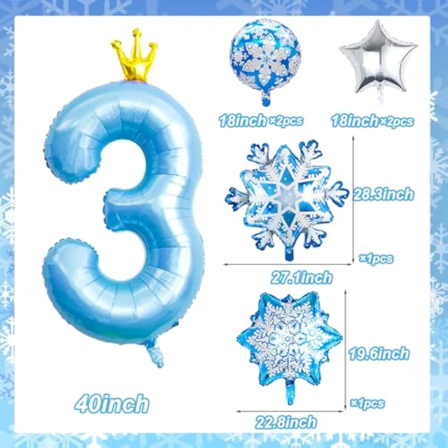Frozen 3rd Birthday Decor Blue Number 3 Balloon Snowflake Winter Party Set