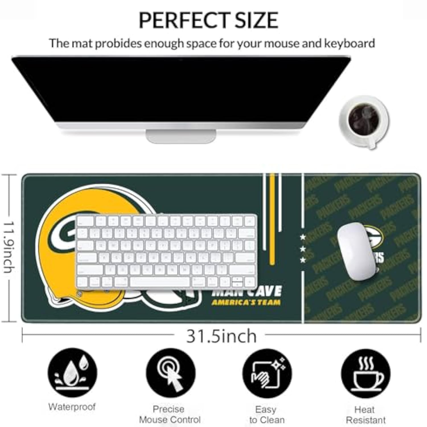 Large Gaming Mouse Pad, Extended Desk Mousepad With Stitched Edges, Football Computer Keyboard Pad,Green Design For Sport Fans, 31.5 X 11.8 In