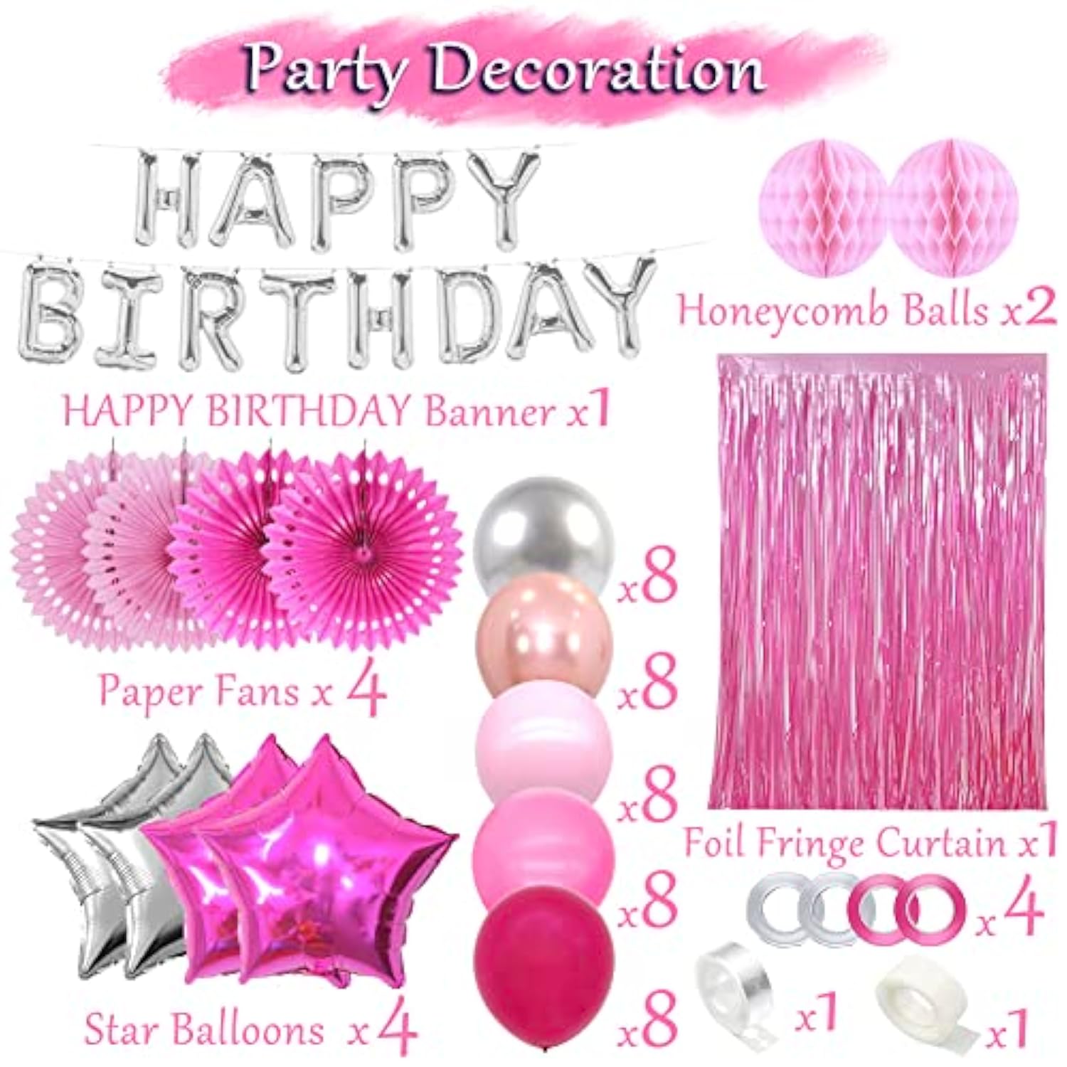 Pink Birthday Decorations Hot Pink Party Supplies Silver Happy Birthday Banner Rose Gold Balloons Foil Fringe Curtain Bday Decor Women 13Th Sweet 16 18Th 21St 25Th 30Th 40Th 50Th 60Th 70Th