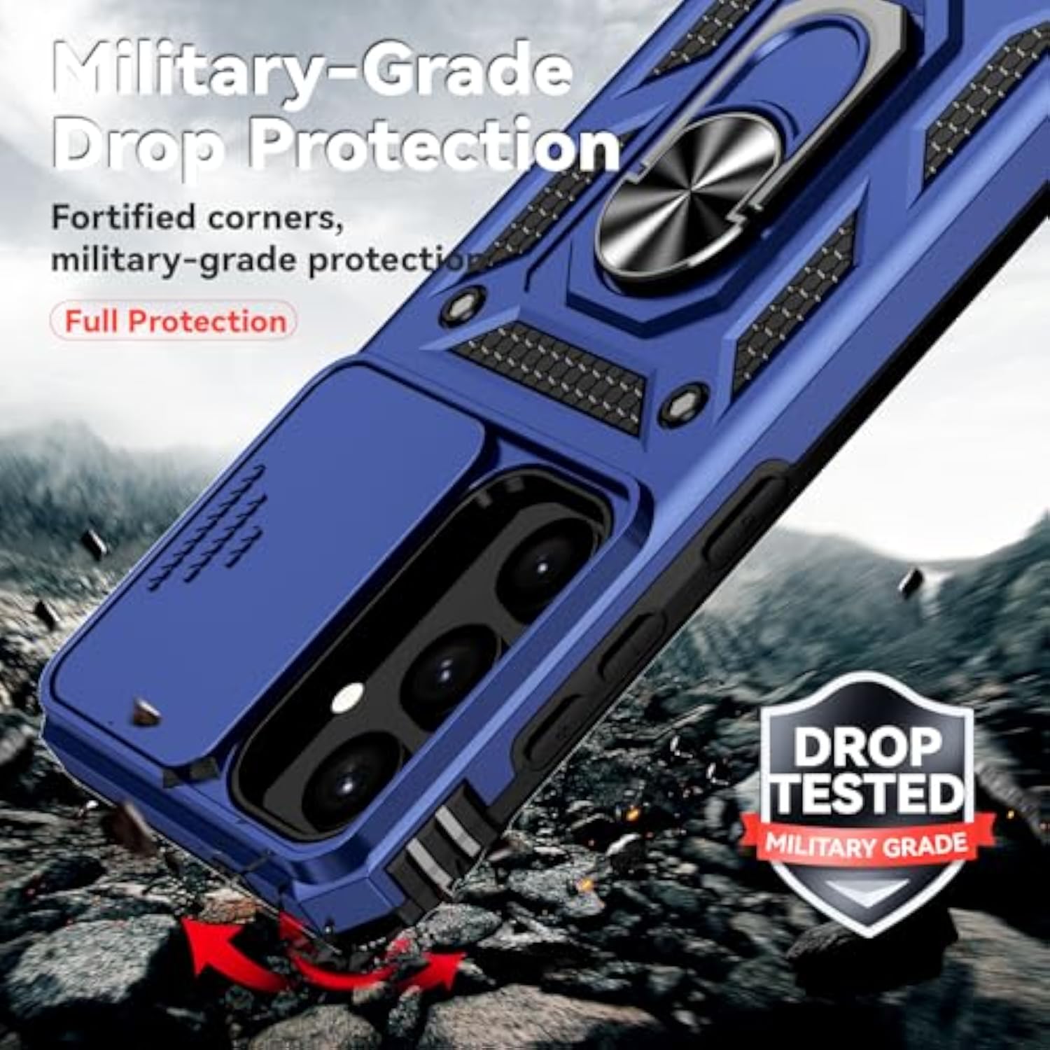 Samsung Galaxy S25 Plus Case with Slide Camera Cover HD Screen Protector, Military Grade Drop Tested, Magnetic Ring Holder Kickstand Protective Phone Case for Galaxy S25+ Plus 5G 2025, Navy Blue