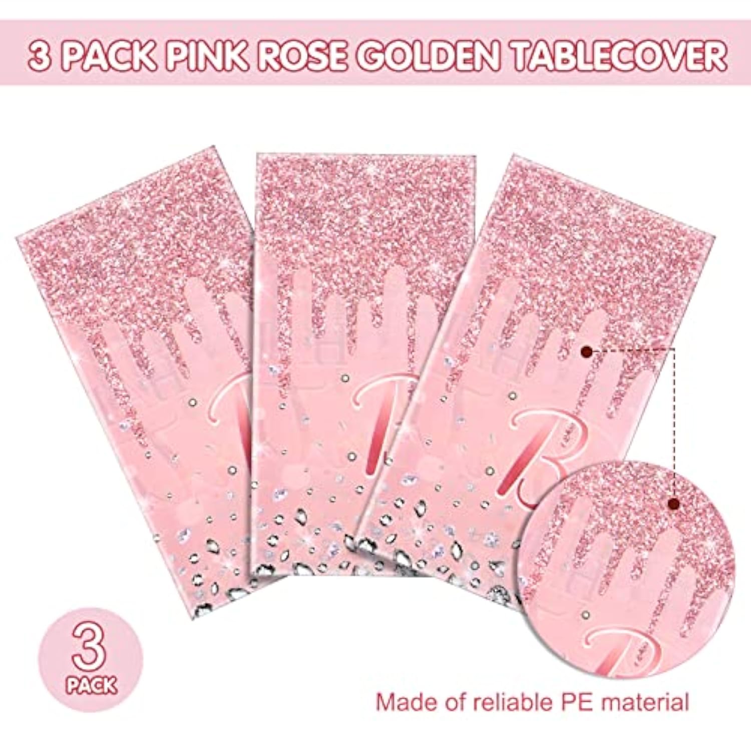 3 Pcs Pink Rose Gold Tablecloths, Glitter Design, 54x108" Party Decorations