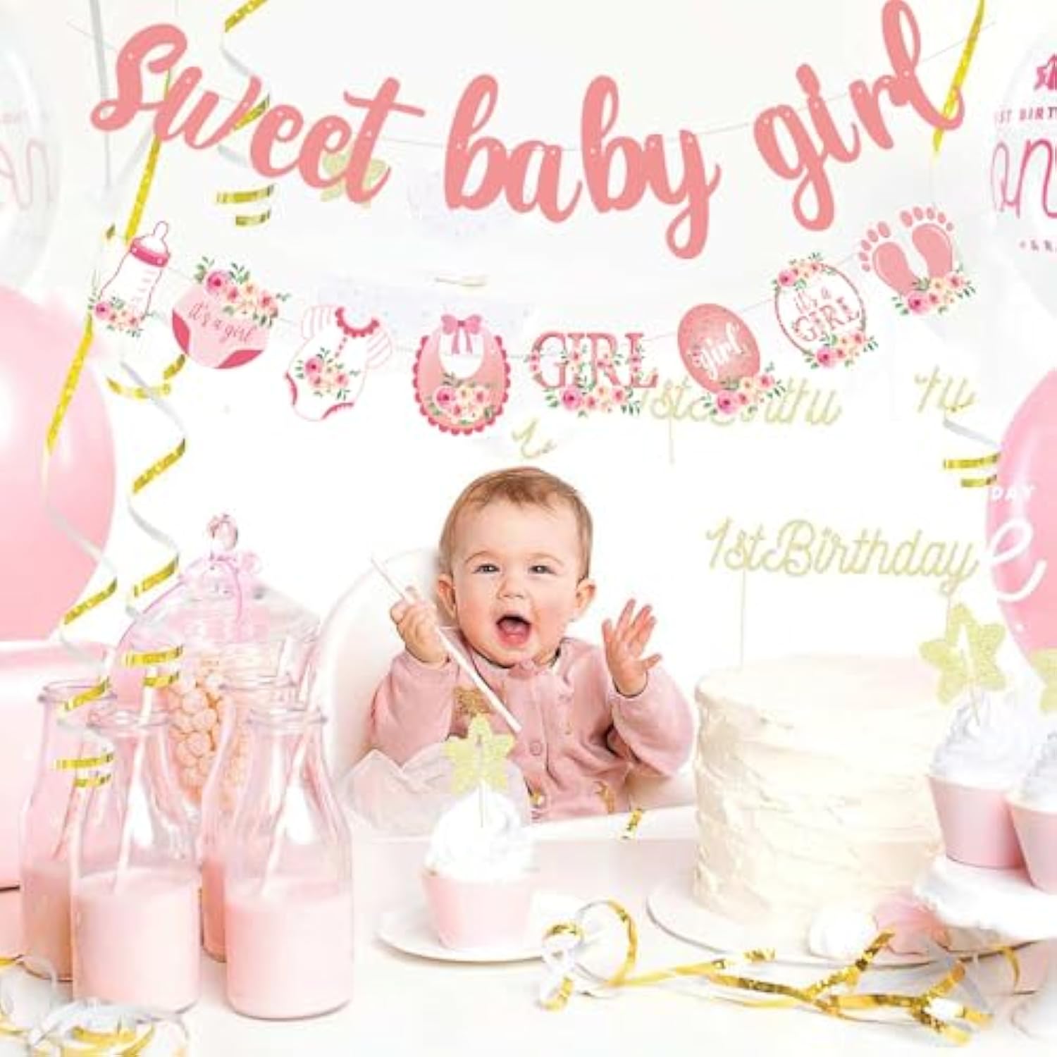 2pcs Rose Gold Glitter Baby Girl Banner – Pre-Strung Baby Shower Decor