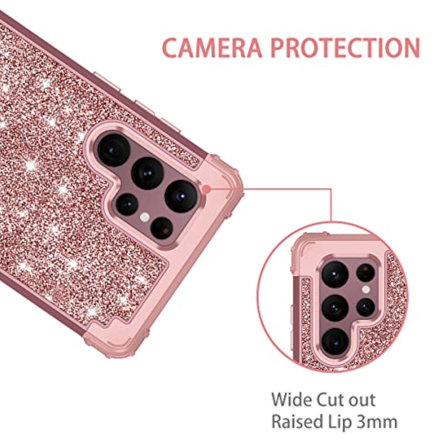 For Galaxy S22 Ultra 5G Case Three-Layer Shockproof Heavy Duty Hybrid Sturdy High Impact Protective Cover Glitter Sparkly Bling Case For Samsung Galaxy S22 Ultra 5G 6.8 2022,Shiny Rose Gold