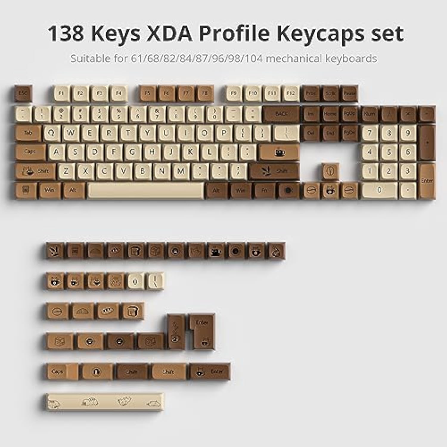 Coffee Cat Xda Profile Pbt Keycaps 75 Percent,138 Keys Dye Sub Caps For 60% 65