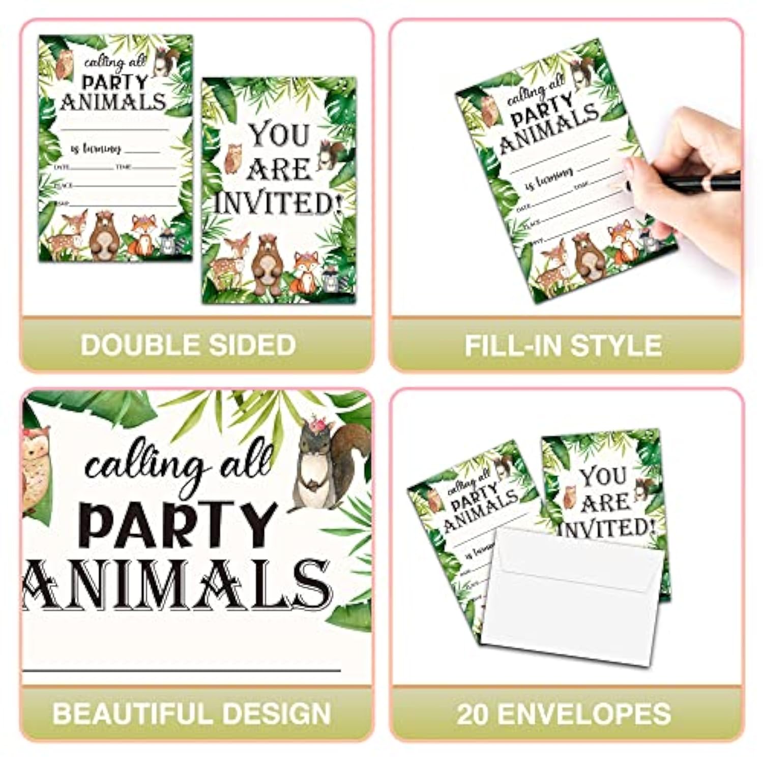 Woodland Birthday Invitations With Envelopes - Safari Party Invitation Card For Boys/Girls - Forest Animal Themed Fill-In Invites Cards - Jungle Party Supplies Decorations (20 Pack)-18