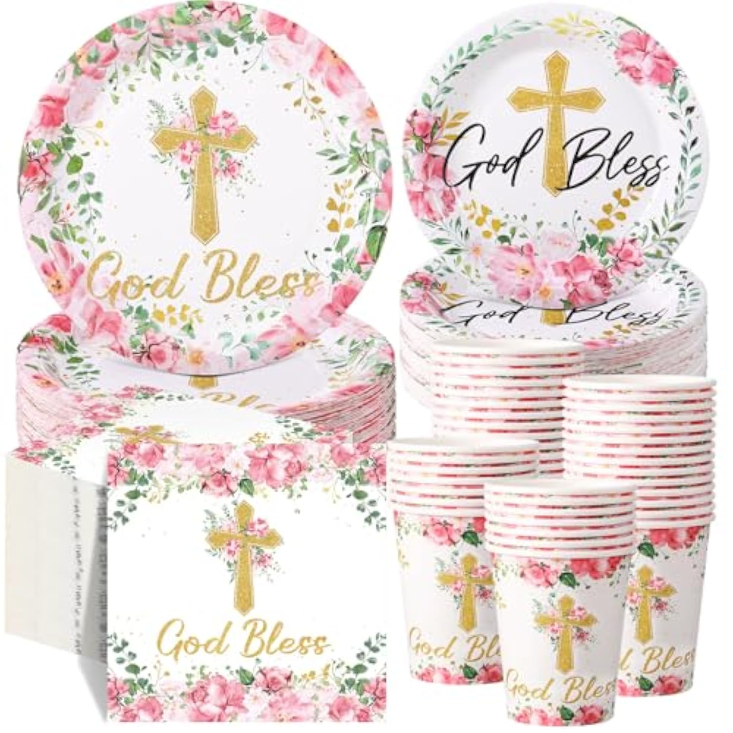 250 Pcs Pink Baptism Cross Disposable Tableware Set First Holy Communion Baptism Disposable Paper Plates Napkins And Cups For Christening Celebration Baby Shower Religious Supplies