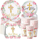 250 Pcs Pink Baptism Cross Disposable Tableware Set First Holy Communion Baptism Disposable Paper Plates Napkins And Cups For Christening Celebration Baby Shower Religious Supplies