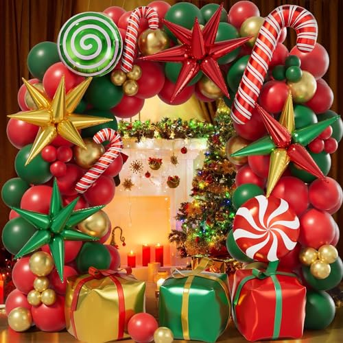 Christmas Balloon Garland Arch Kit, Red Green Gold Christmas Party Decor
