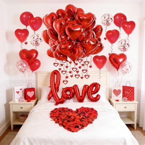Valentines Day Decorations with Red Heart Balloons and Love Balloon, Fake Rose Petals with Red Balloons and Heart Hanging Decor for Valentines Day Party Wedding Anniversary Engagement Decor