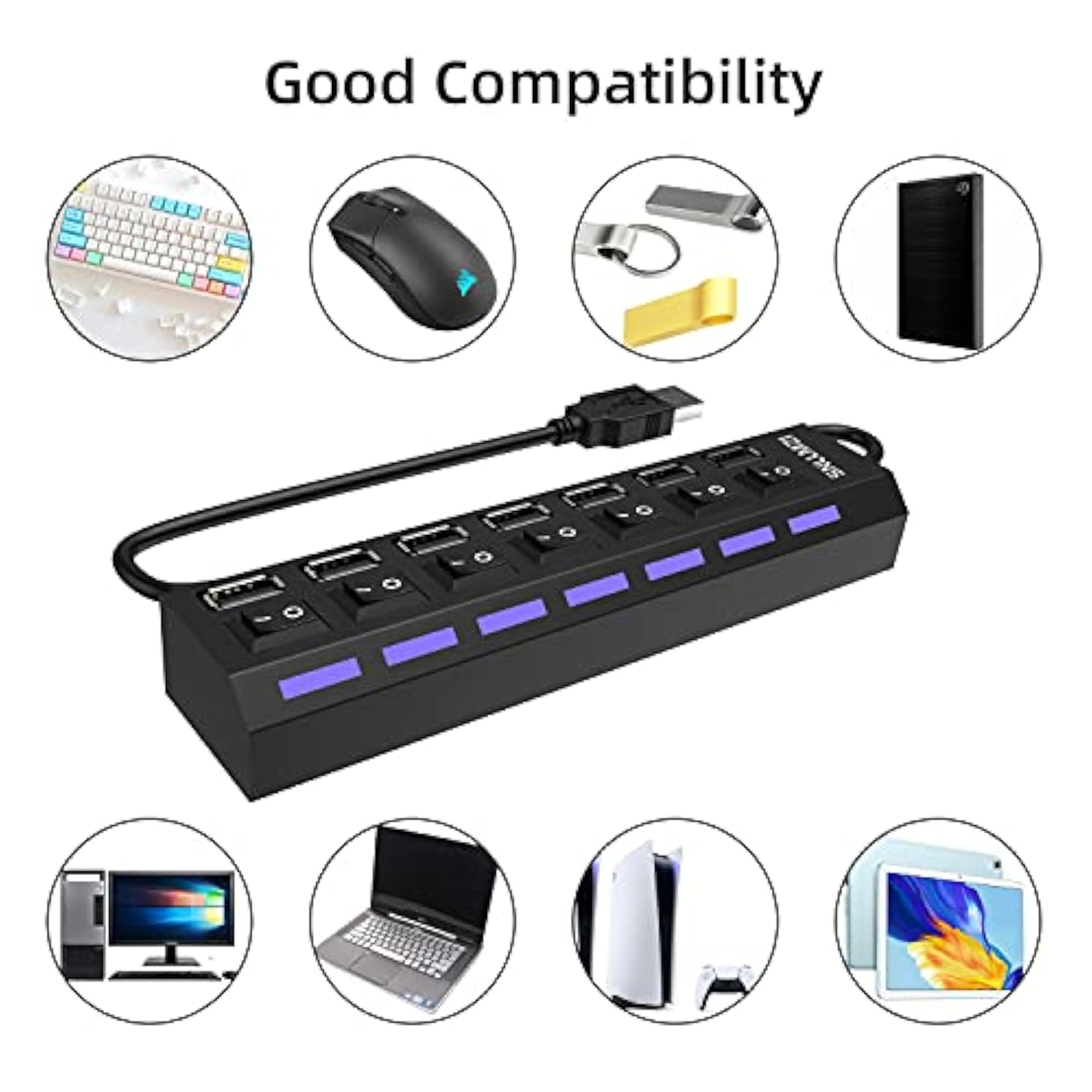 Usb Hub, 7 Port Usb 2.0 Hub Led Portable High-Speed Compatible For Imac Pro, M