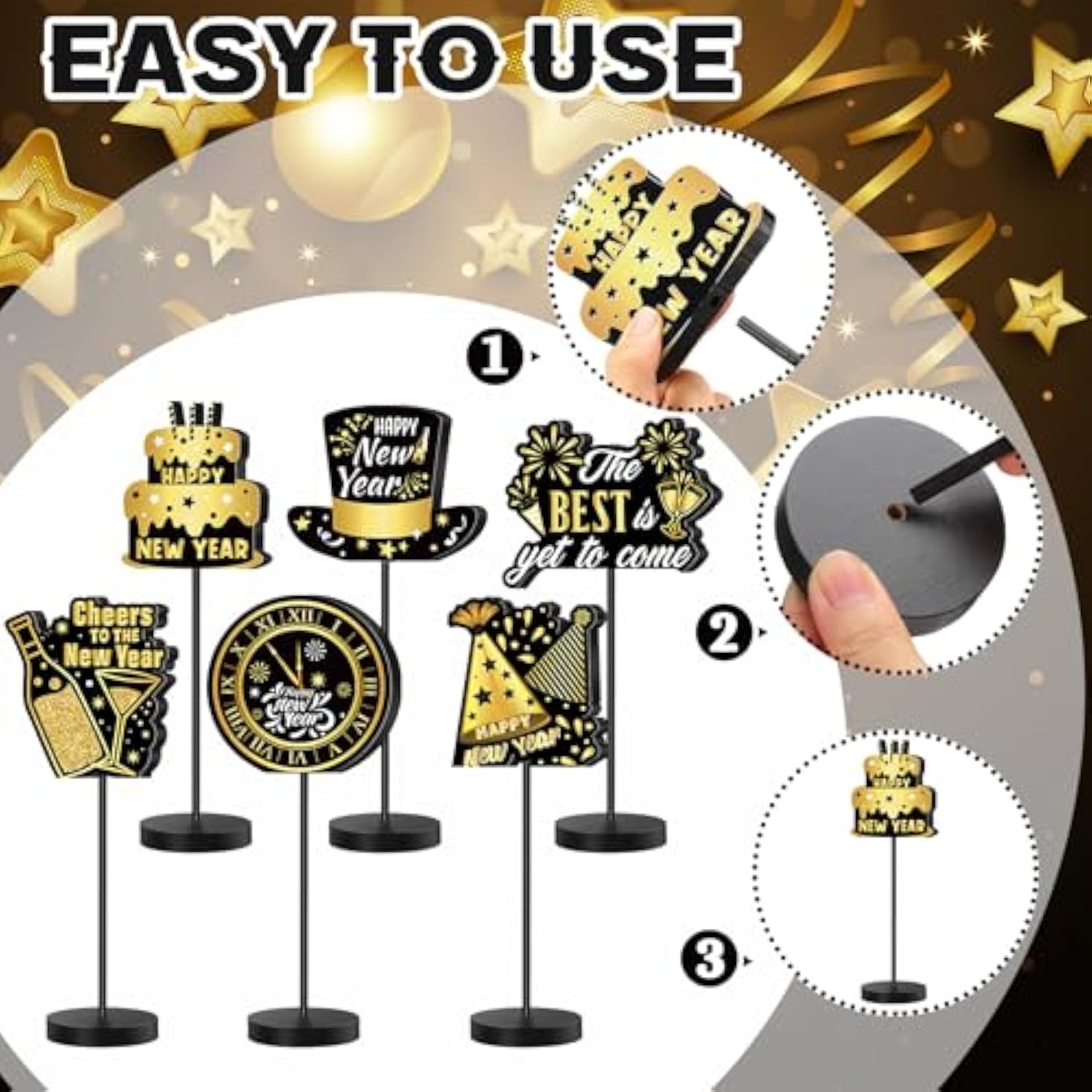 6-Pack Black and Gold New Year 2026 Table Centerpieces for Parties