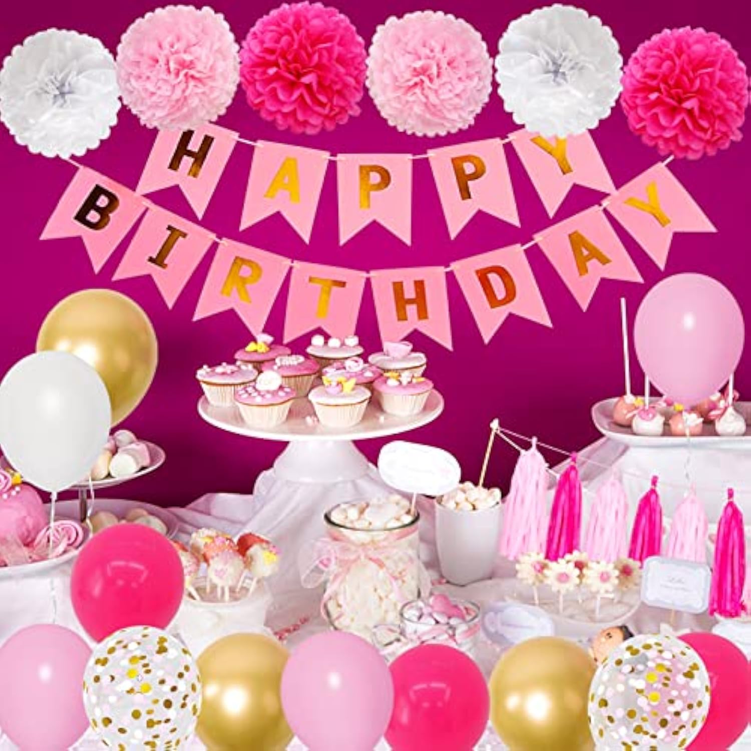 Hot Pink Birthday Party Decorations, Pink Gold White Confetti Latex Metallic Balloons With Happy Birthday Banner Paper Pom Poms Tassels Party Supplies For Mom Women Girls