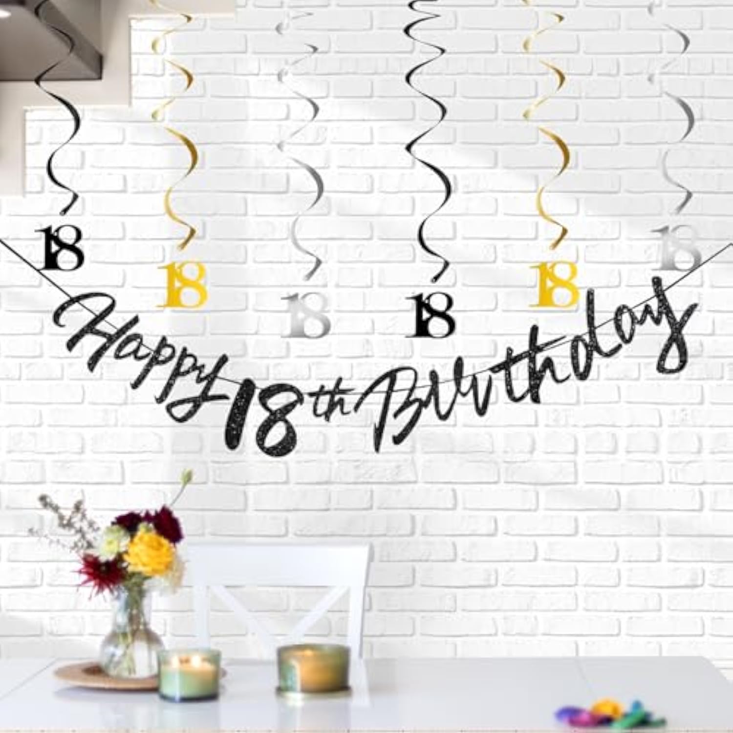 Black Gold 18th Birthday Swirls Streamers Hanging Banner Party Decor