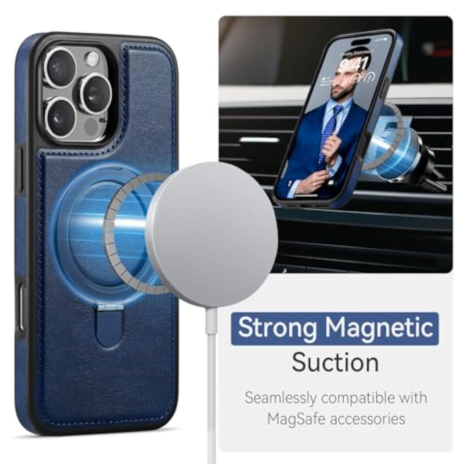 For Iphone 16 Pro Case With Stand Compatible With Magsafe Slim Pu Leather & Durable Tpu Drop Proof Magnetic Kickstand Protective Phone Cover With Tempered Glass Screen Protector 6.3", Blue