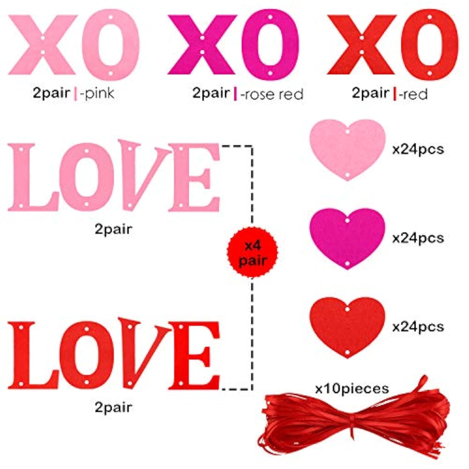 100 Pieces Valentine'S Day Felt Heart Love Hanging Garland With 10 Pie