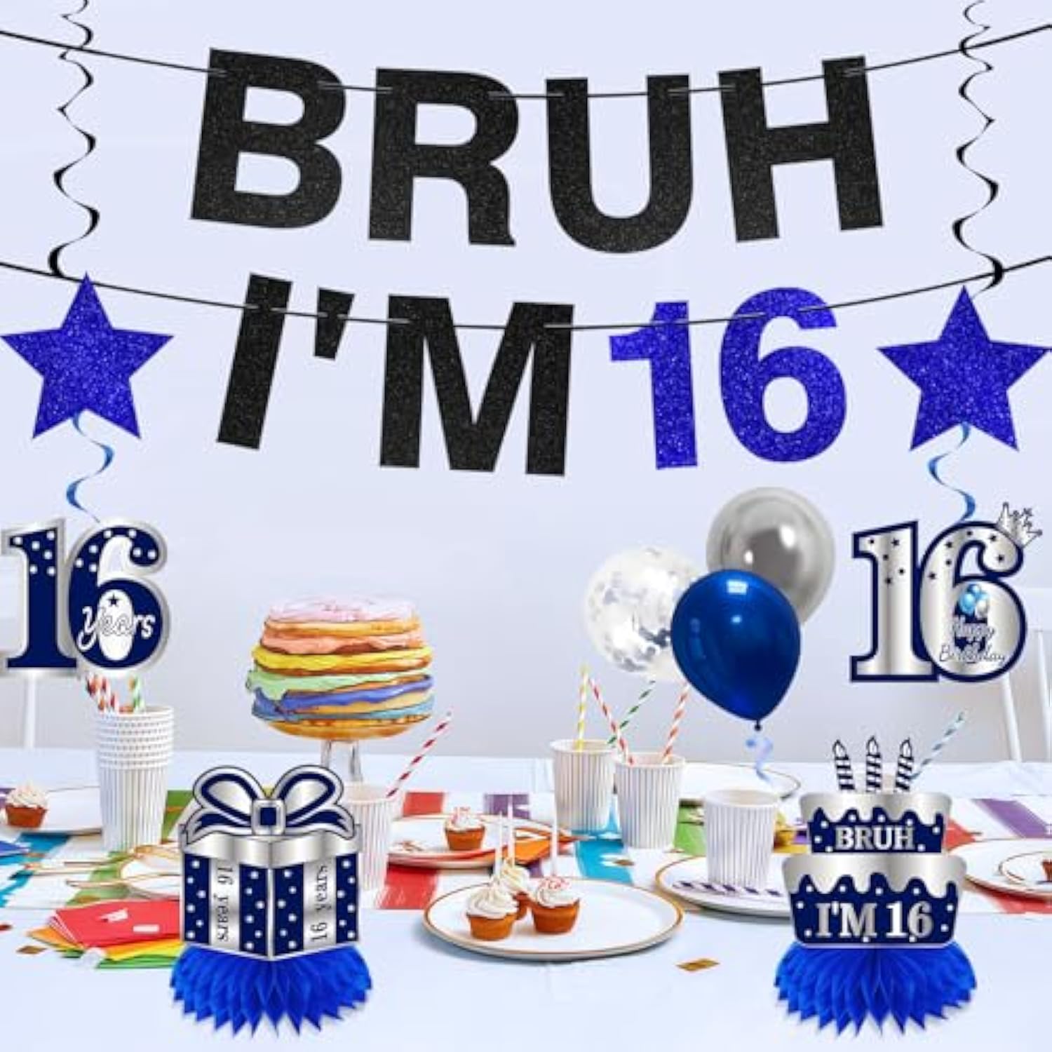 11Pcs 16Th Birthday Decorations For Boys Men, Blue Sliver Happy 16Th Birthday Banner, Bruh I'M 16 Balloons Centerpieces Swirls Party Supplies, Sixteen Bday Banner Ceiling Table Topper Sign