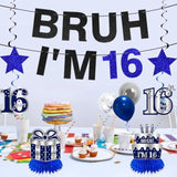 11Pcs 16Th Birthday Decorations For Boys Men, Blue Sliver Happy 16Th Birthday Banner, Bruh I'M 16 Balloons Centerpieces Swirls Party Supplies, Sixteen Bday Banner Ceiling Table Topper Sign