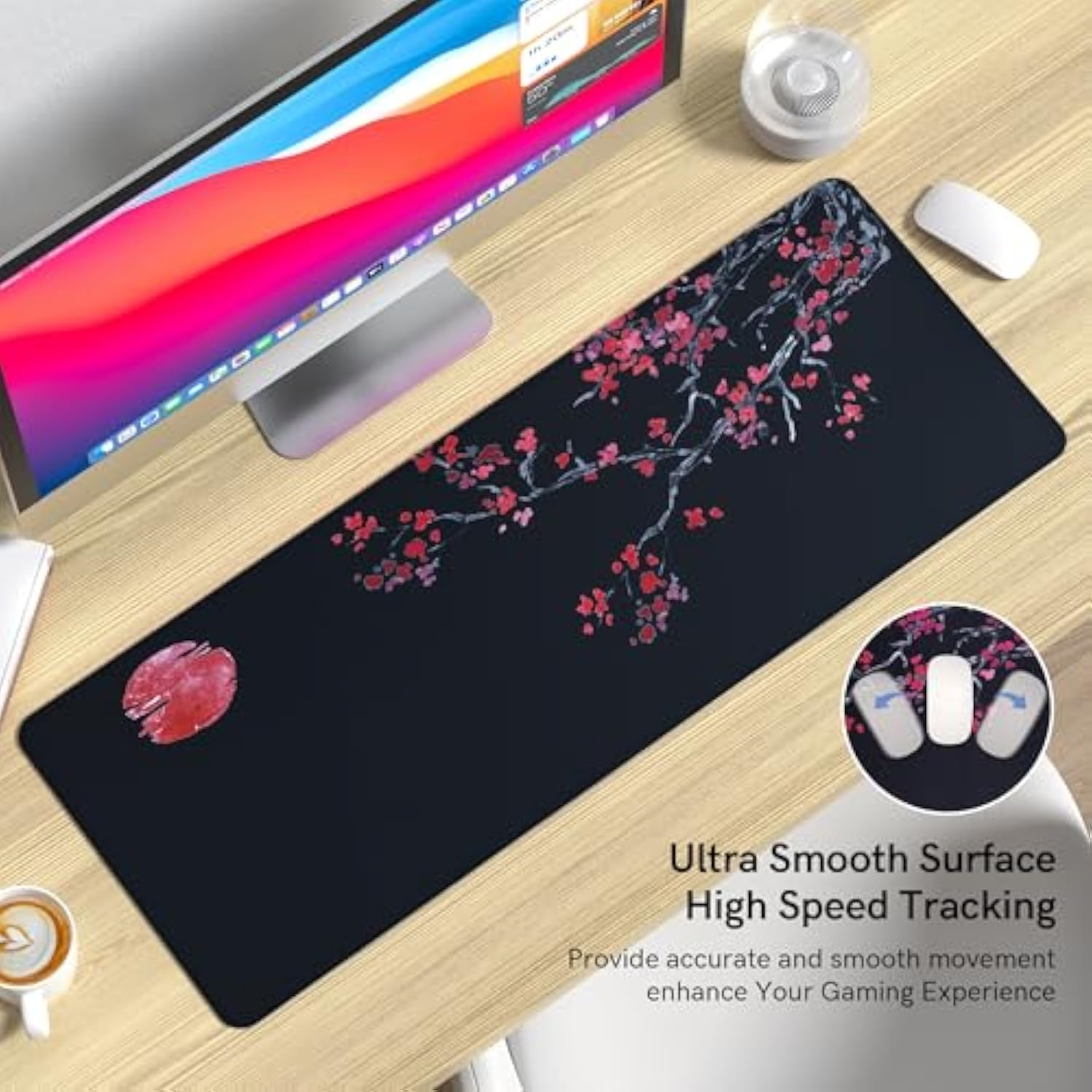 Large Gaming Mouse Pad, Big Desk Mat For Keyboard And Mouse, Full Desk Pad For Office Computer Laptop Pc, Long Mouse Mat For Desk, Black Cherry Blossom,Portable Aesthetic Non Slip Waterproof Pretty