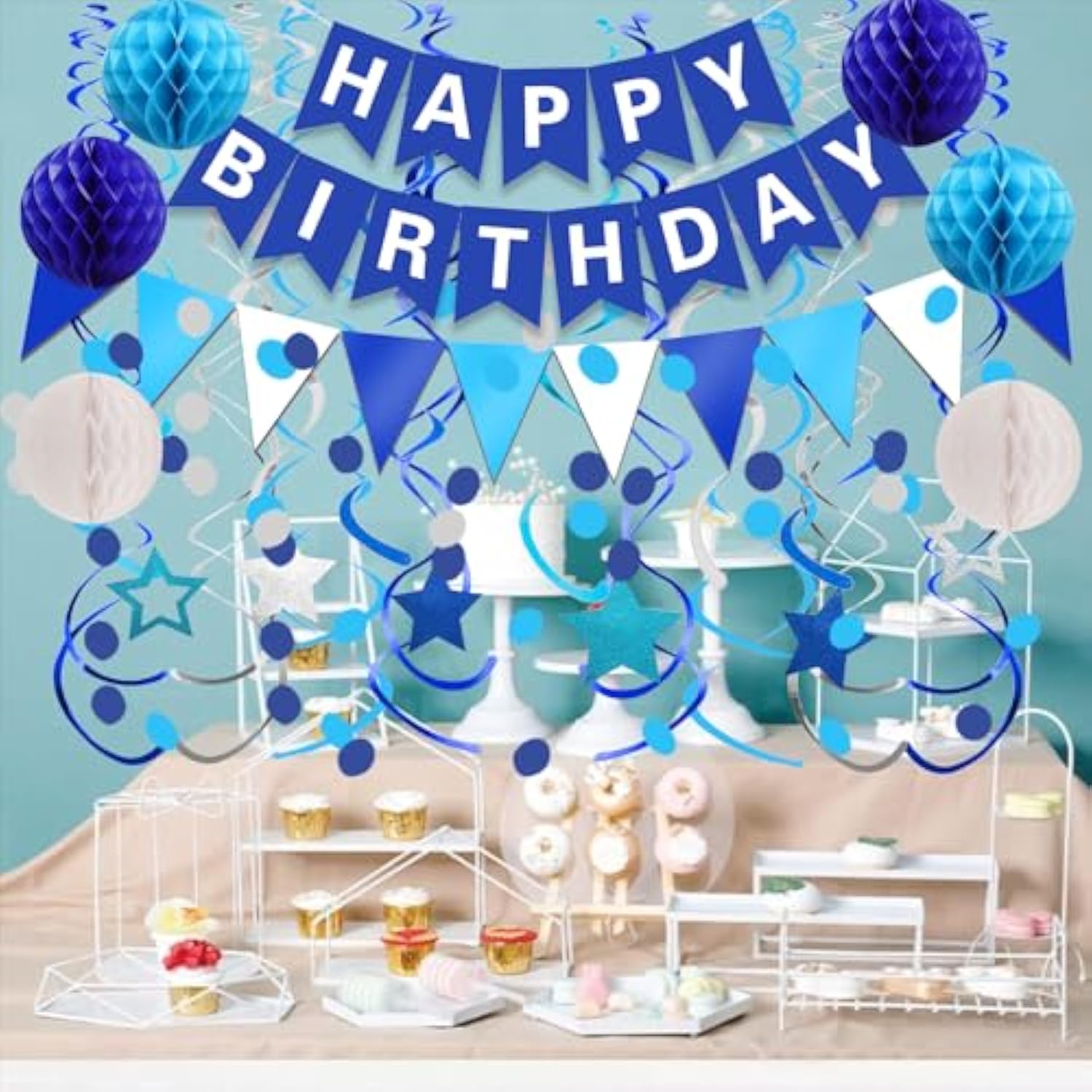 23PCS Navy Blue Birthday Decor Set – Banner, Swirls, Garland & Honeycombs