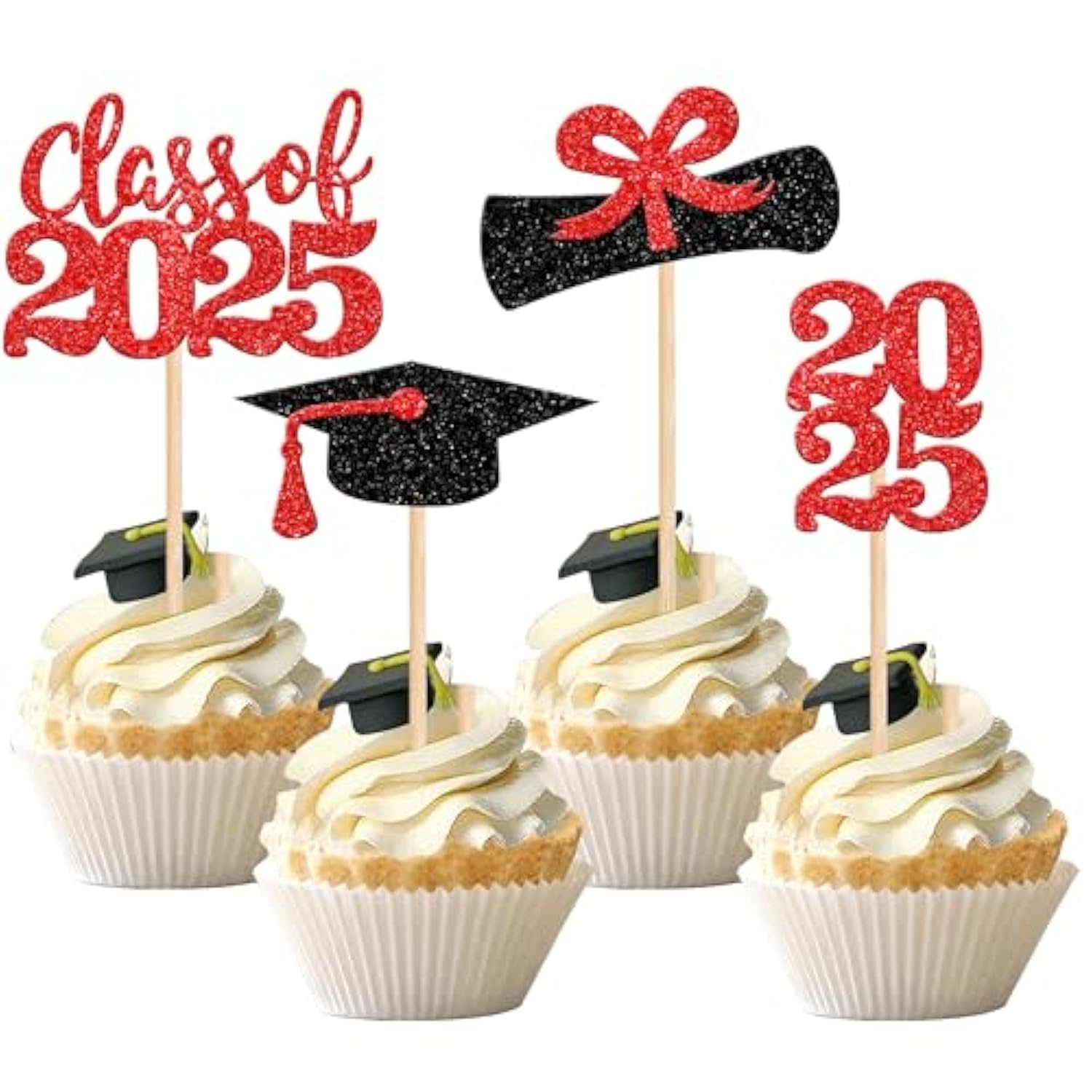 36 Pcs 2023 Graduation Theme Cupcake Toppers Glitter Class Of 2023 Graduation Cap Diploma Cupcake Picks Party Cake Decorations Supplies Red