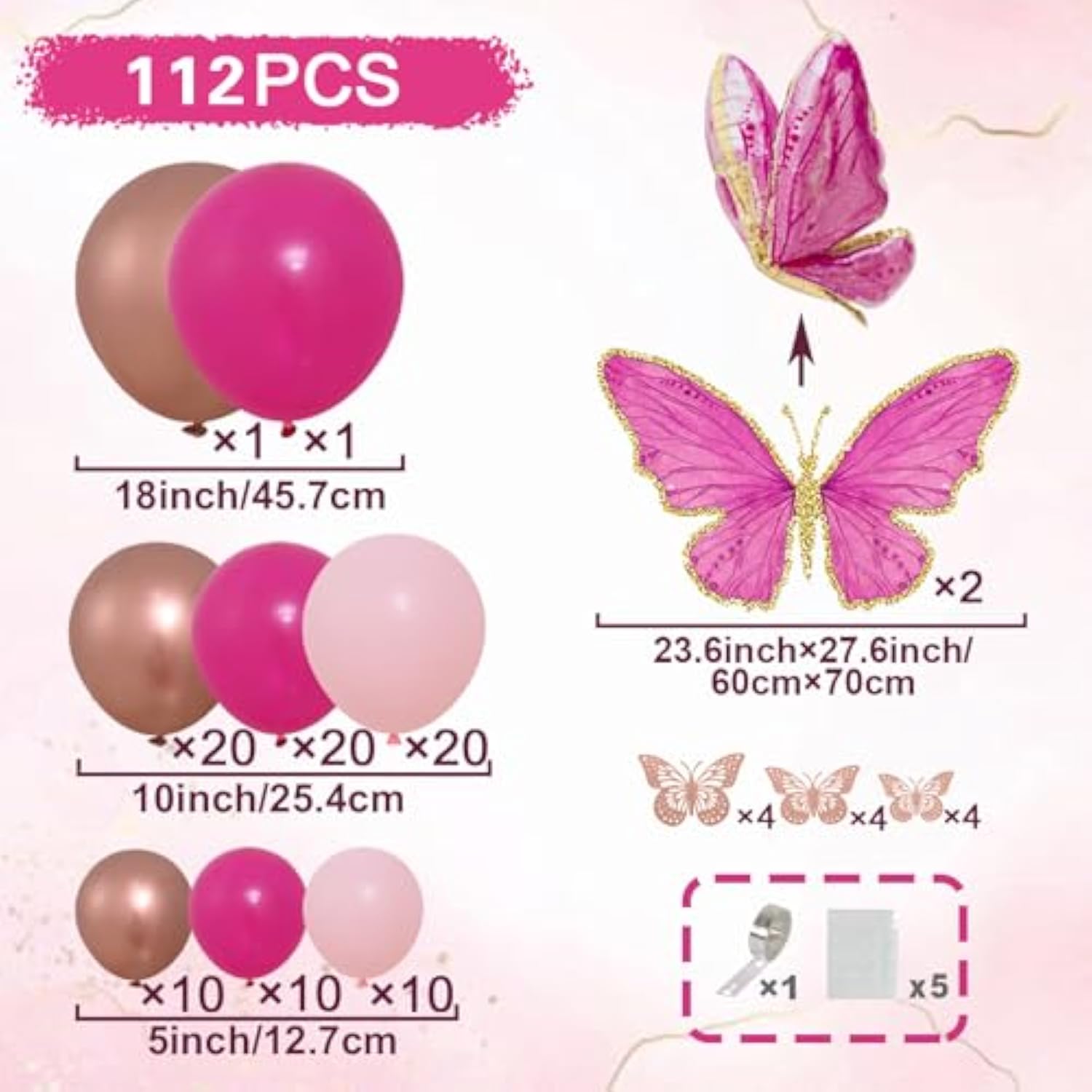 112pcs Pink Butterfly Balloon Arch Kit – Pastel & Rose Gold Balloons for Parties