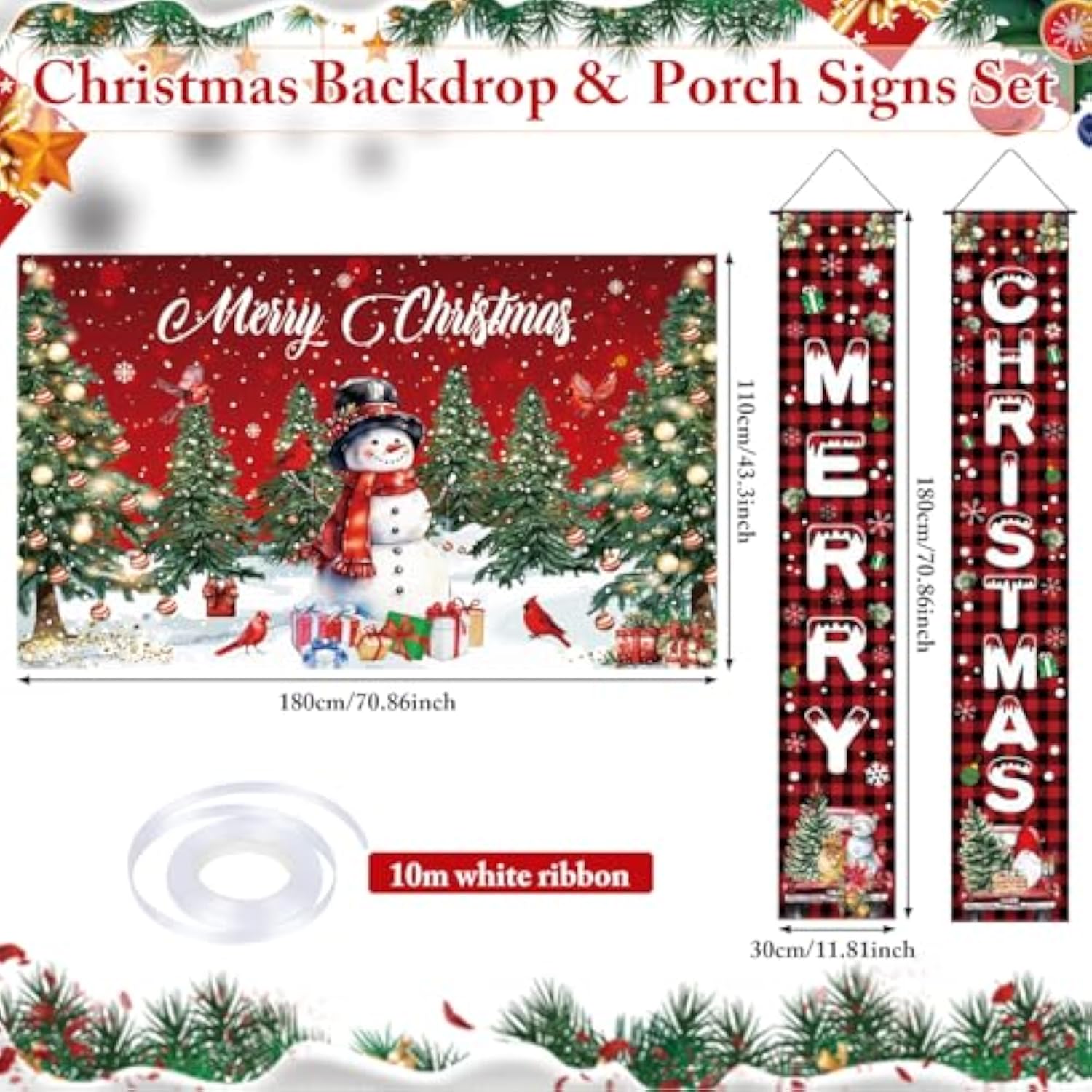 Merry Christmas Banners With 3 Pcs 71"X 43" Christmas Backdrop And Porch Signs Hanging Ribbon, Indoor & Outdoor Christmas Decorations For Home Wall/Front Door/Yard, Party, Photography
