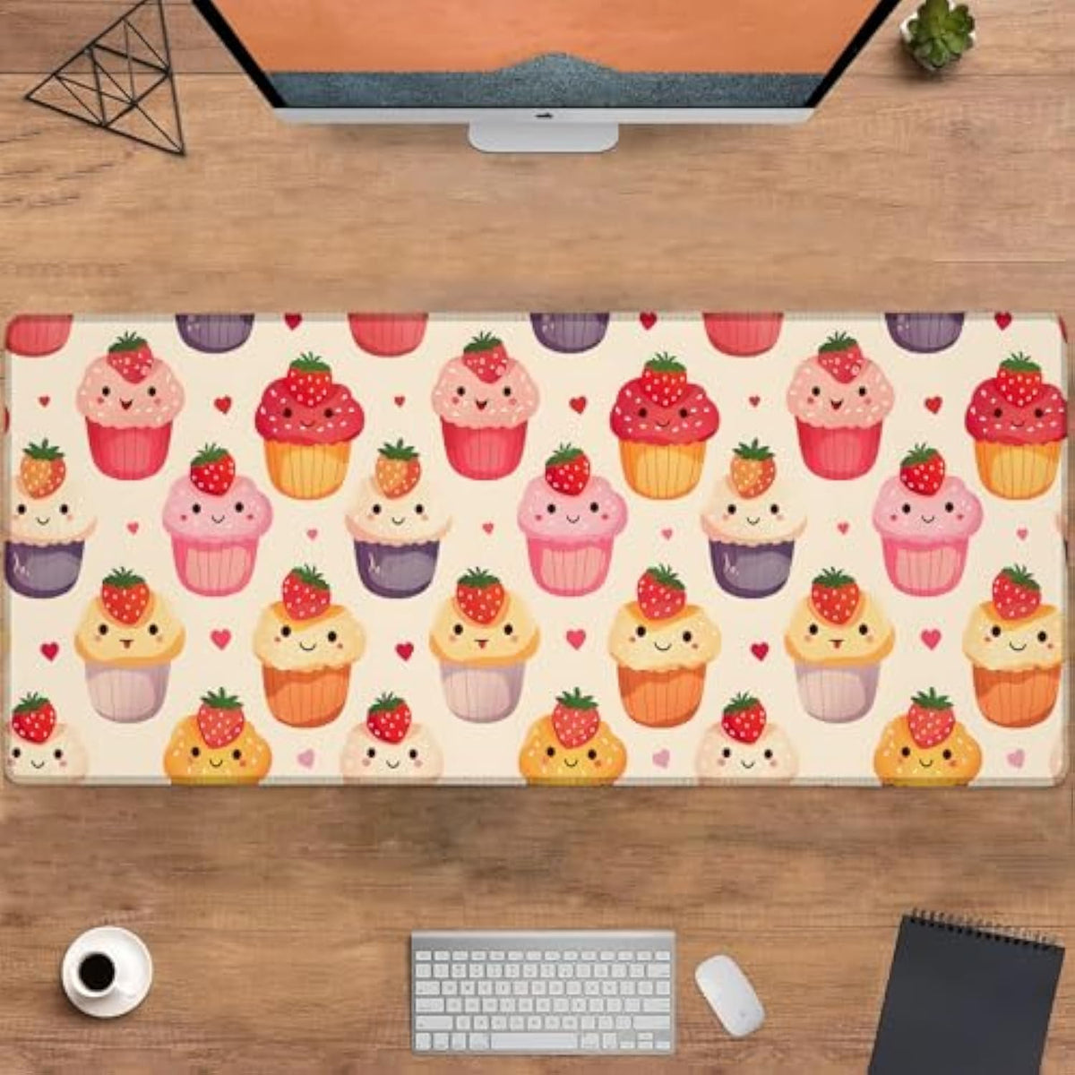 Cute Cupcake Gaming Mouse Pad, Large Office Desktop Adorable Kawaii Dessert Mousepad For Computer Laptop, Extended Work Desk Mat With Anti-Slip Base, Decorative Desk Pad 31.5×11.8 In