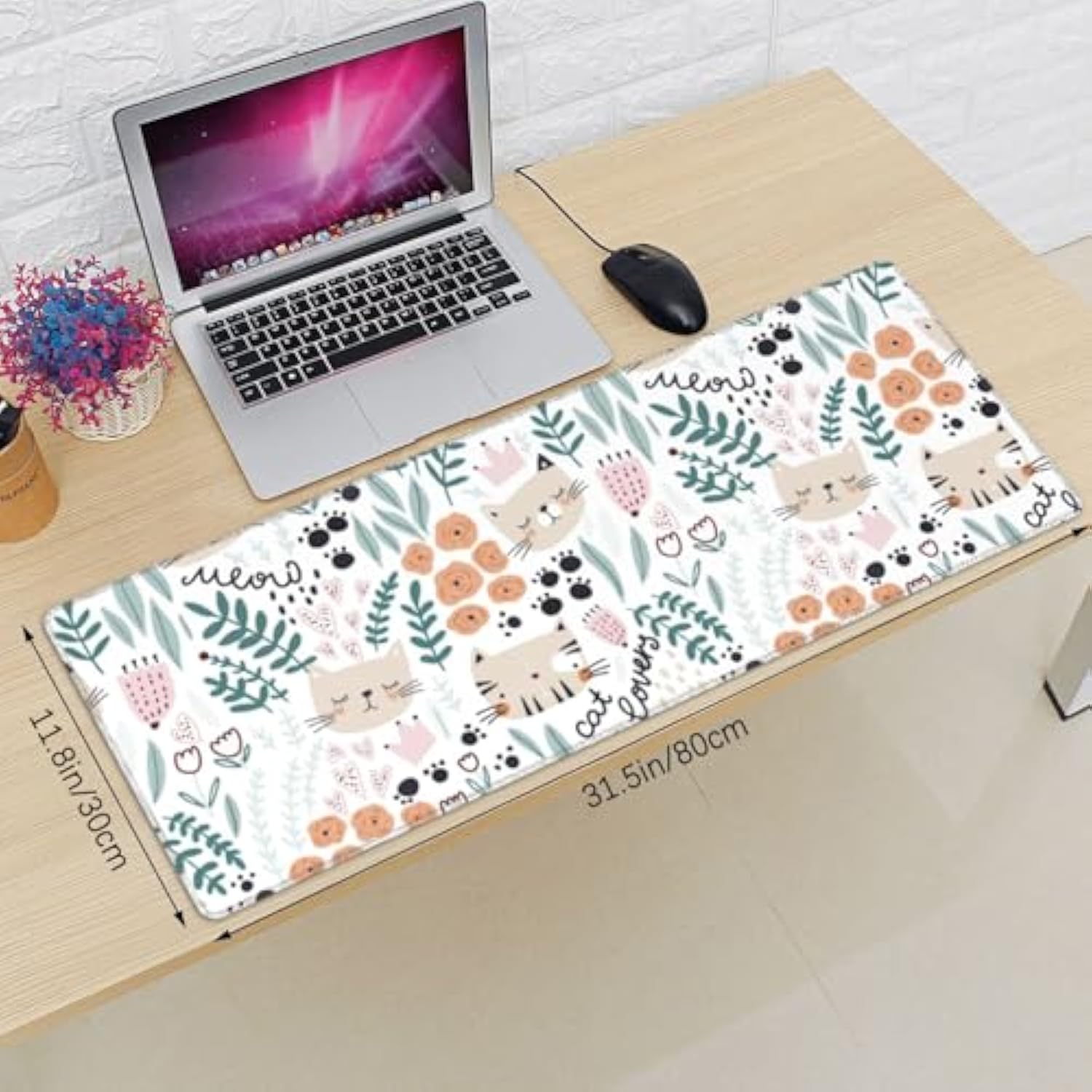 Cats And Florals Large Gaming Mouse Pad 31.5X11.8 Inches - Non-Slip Waterproof Rubber Base, Stitched Edges Extended Desk Mousepad For Office, Work, Home, Gaming, Laptop & Keyboard
