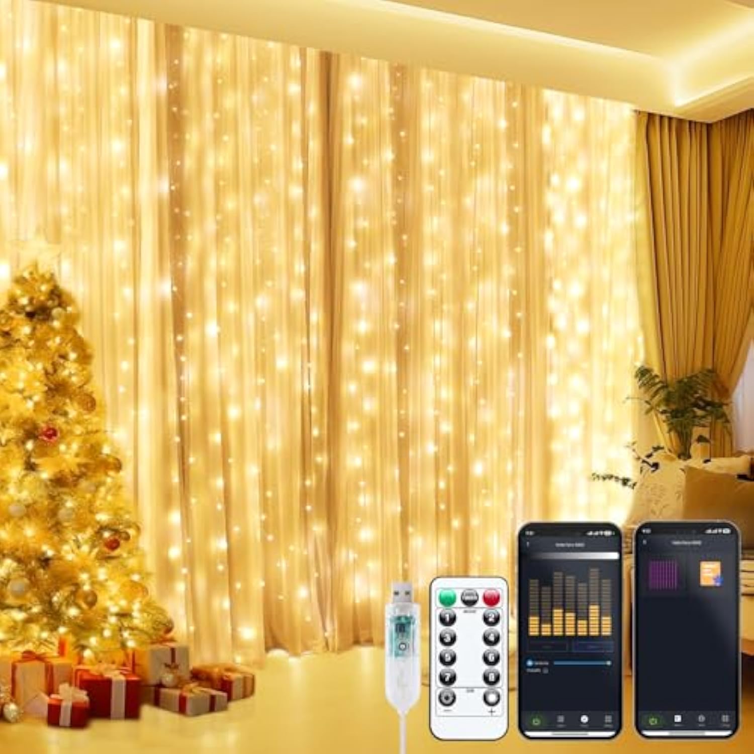 9.8ft 300 LED Smart Curtain Lights with App Remote USB Indoor Waterproof