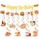 Fast Food Birthday Party Decorations, 10Pcs Glitter Happy Birthday Banner And Hanging Swirls Decoration Pizza Hamburger Hot Dog Decor French Fries Popcorn Donuts Themed Party Supplies
