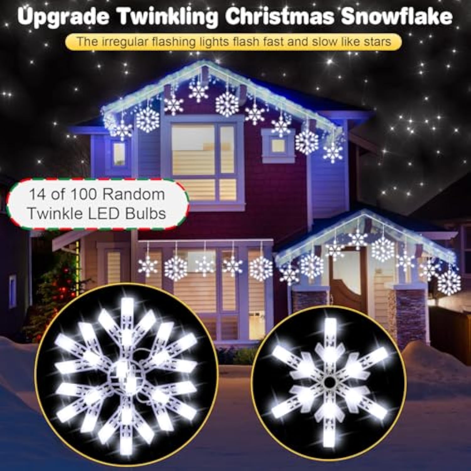 2 Pack Twinkling Led Snowflake Lights Outdoor, 8.8Ft 14 Of 100 Random Twinkling Christmas Snowflake String Lights For Ho